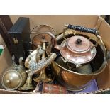 A collection of copper and brass ware to include a pair of ejector candlesticks and a brass coal