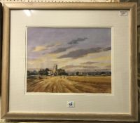 MICHAEL LONG "Cornfield and Crows" country scene overlooking a cornfield with church in the