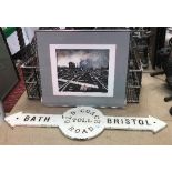 A vintage painted metal coach toll sign inscribed "Bath and Bristol Old Coach Road Toll",