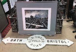 A vintage painted metal coach toll sign inscribed "Bath and Bristol Old Coach Road Toll",