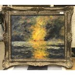 ELSIE M BARRETT "Fire at Sea" seascape depicting the vessel Lakonia on fire, oil on board,