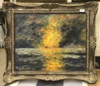 ELSIE M BARRETT "Fire at Sea" seascape depicting the vessel Lakonia on fire, oil on board,