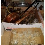 A box of assorted copper and brass wares to include a warming pan, brass gavel,