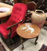 A Victorian rosewood framed button back open arm chair, a folding Campaign type chair,