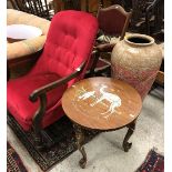 A Victorian rosewood framed button back open arm chair, a folding Campaign type chair,