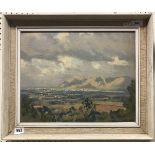 ROWLAND TAYLOR "Extensive Landscape with Hills Rising in Background", oil on board,