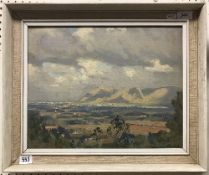 ROWLAND TAYLOR "Extensive Landscape with Hills Rising in Background", oil on board,