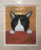 AFTER ANGELA DIGGLE "Where's mine? - Corky said!" study of a cat, colour print,