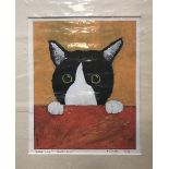 AFTER ANGELA DIGGLE "Where's mine? - Corky said!" study of a cat, colour print,