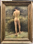 AFTER HENRY SCOTT TUKE "Nude Male Standing", oil on board, initialled lower right,