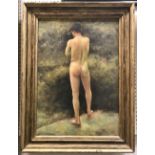 AFTER HENRY SCOTT TUKE "Nude Male Standing", oil on board, initialled lower right,
