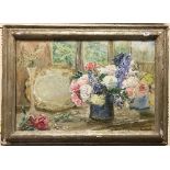FLORENCE ENGELBACH (1872-1951) "Still Life with Flowers and Silver Tray" oil on canvas signed lower