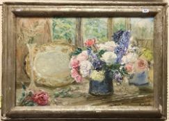 FLORENCE ENGELBACH (1872-1951) "Still Life with Flowers and Silver Tray" oil on canvas signed lower