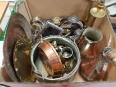A box of assorted metal wares to include a pair of brass candlesticks, silver plated photo frame,