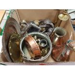 A box of assorted metal wares to include a pair of brass candlesticks, silver plated photo frame,