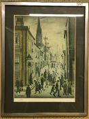 AFTER L S LOWRY "An Organ Grinder" street scene with figures, surgery in foreground,