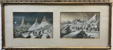 Two Victorian lithographic prints of mountineers on the Tre Cima Di Laverado in the Dolomites