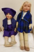 Two Nora Wellings type painted cloth head dolls