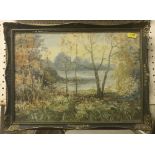 J E KNIGHT "Woodland Scene Overlooking Lake", oil on board, signed lower right,