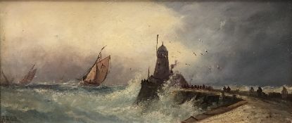 J BAGE "Sailing vessels in choppy sea with lighthouse and figures in foreground", oil on board,