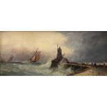 J BAGE "Sailing vessels in choppy sea with lighthouse and figures in foreground", oil on board,