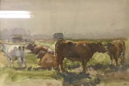 T LEWIS "Cattle in Field", watercolour, signed lower left,