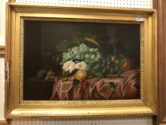 19TH CENTURY ENGLISH SCHOOL "Still Life with Grapes and Pink Roses", oil on canvas, unsigned,