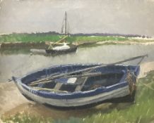 HENRY (AKA HARRY) CLARENCE WHAITE (1895-1978) "Blue Boat Southwold" a study of moored boats on an