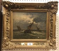 IN THE MANNER OF HENDRIK WILLEM MESDAG "Fishing boats in choppy seas" oil on canvas,