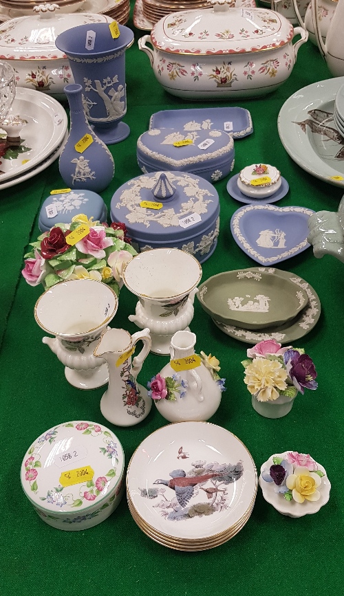 A collection of Wedgwood Jasper ware trinket dishes, pin dishes, etc, various Coalport,