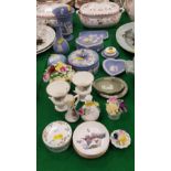 A collection of Wedgwood Jasper ware trinket dishes, pin dishes, etc, various Coalport,