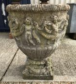 A pair of large stone urns with grape decoration