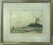 TOM CLOUGH (1867-1943) "Shepherd with his Sheep" rural scene with shepherd and sheep and windmill