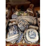 Two boxes of assorted china wares to include various blue and white transfer decorated plates,