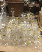 Four various decanters to include a Dartington decanter together with various cut wine glasses and