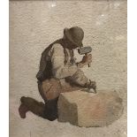 JOSEPH POWELL (1780-1834) "The Stonemason" watercolour unsigned inscribed on Abbott & Holder label