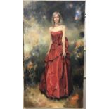 RICARDO MACARRON (1926-2004) "Gay Stewart Larson in Red Dress" full length portrait study oil on