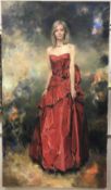 RICARDO MACARRON (1926-2004) "Gay Stewart Larson in Red Dress" full length portrait study oil on