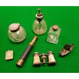 A circa 1900 telescope, a pair of mother of pearl opera glasses, vesta case, inkwell, scent bottle,