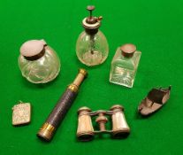 A circa 1900 telescope, a pair of mother of pearl opera glasses, vesta case, inkwell, scent bottle,