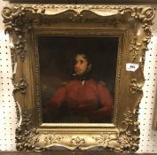 19TH CENTURY ENGLISH SCHOOL "Portrait of an Officer in Red Jacket" oil on panel, unsigned,