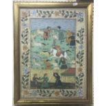 MOGHUL SCHOOL "Hunting Party" watercolour gouache within a floral decorated border,
