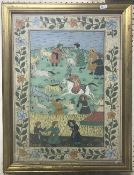 MOGHUL SCHOOL "Hunting Party" watercolour gouache within a floral decorated border,