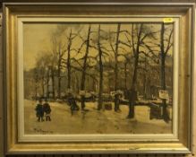 HERMAN VAN DER HOEVEN "Street Scene with Trees and Figures" oil on board, signed lower left,