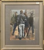 KEVIN WINSTANLEY (20TH CENTURY) "Cosmopolitan" street scene with figures, acrylic on board,