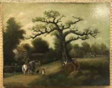 19TH CENTURY ENGLISH SCHOOL "Rural Scene with Figures and Dwellings" oil on canvas,