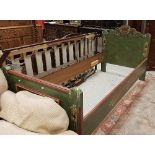 A Voglauer green and floral painted single bedstead and matching pair of bedside cupboards