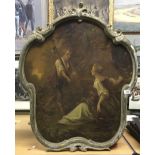 19TH CENTURY FRENCH SCHOOL "Figures with a Dog" over-painted print,