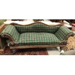 A Victorian mahogany framed scroll arm show frame sofa with green tartan upholstery
