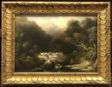 JOHN WALLACE TUCKER (1808-69)"The river Teign , Fingals bridge" Fisherman on the Bank of a River,